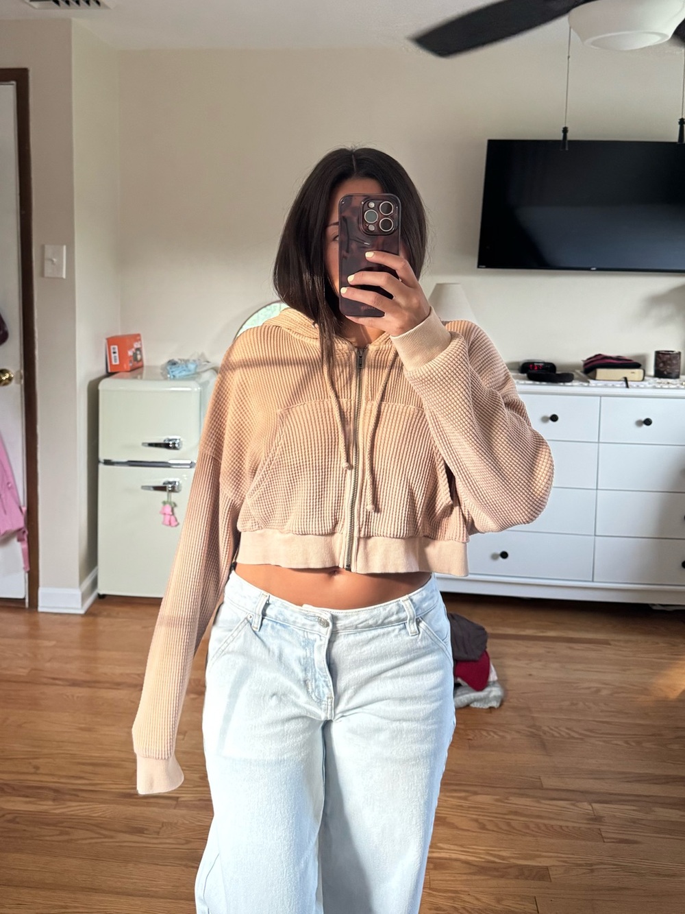Urban Outfitters Cropped Waffle-Knit Hoodie in Light Beige